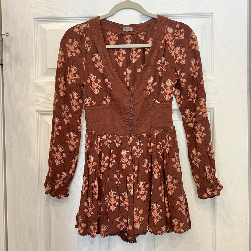 Ecote Romper Rayon Crinkle Floral Boho V-Neck Long Sleeve Brown Whimsigoth S